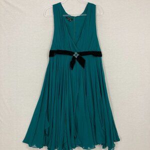 Vintage ECI New York Teal Velvet Belt Silk Flowy Midi Dress size 14 Evening